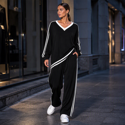 ⌛Limited-time offer-Women's Two-Piece Casual Set V-Neck Long Sleeve Top and Wide Leg Striped Pants Outfit