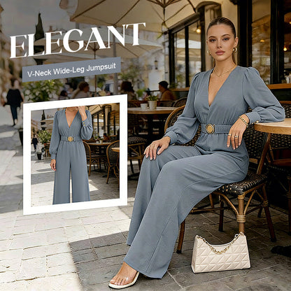 Elegant V-Neck Wide-Leg Jumpsuit with Belt