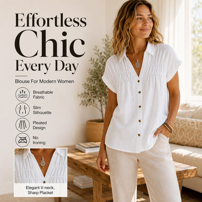 Women's Elegant V-Neck Pleated Short Sleeve Shirt