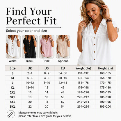 Women's Elegant V-Neck Pleated Short Sleeve Shirt