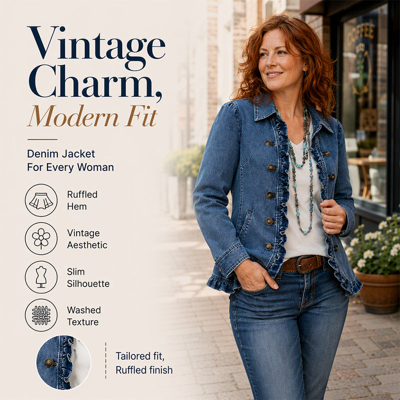 ✨🔥Women's Double Breasted Ruffle Denim Jacket