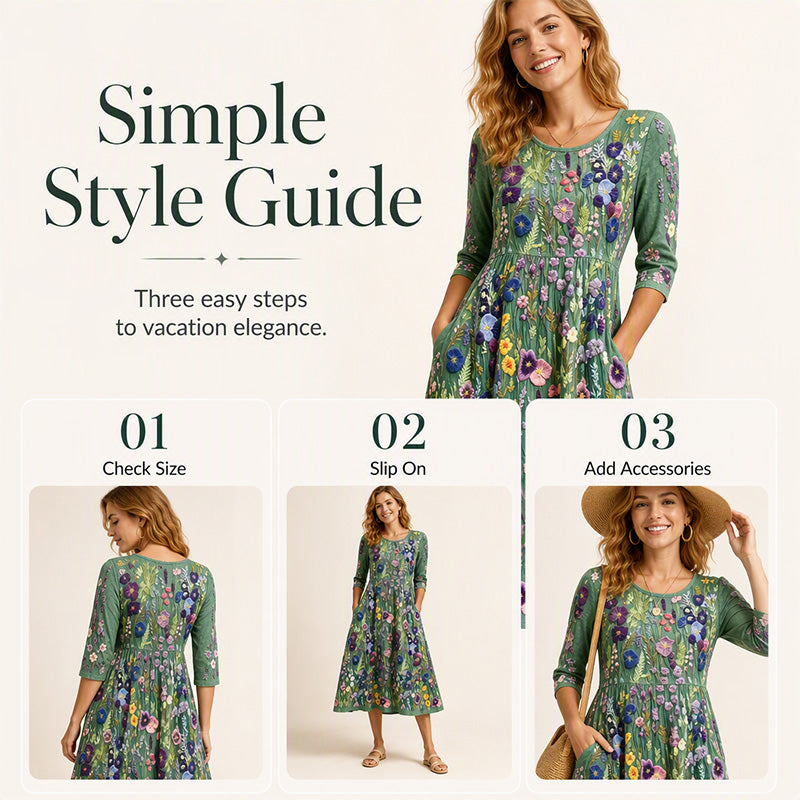 ✨🌺Women's Floral Print 3/4 Sleeve Midi Dress with Pockets