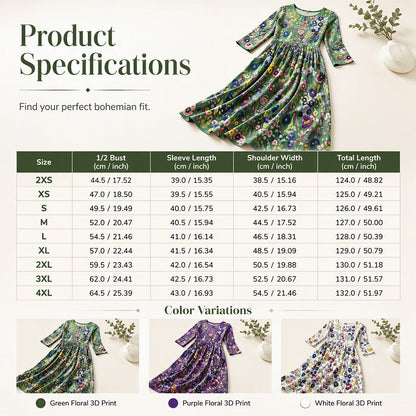 ✨🌺Women's Floral Print 3/4 Sleeve Midi Dress with Pockets