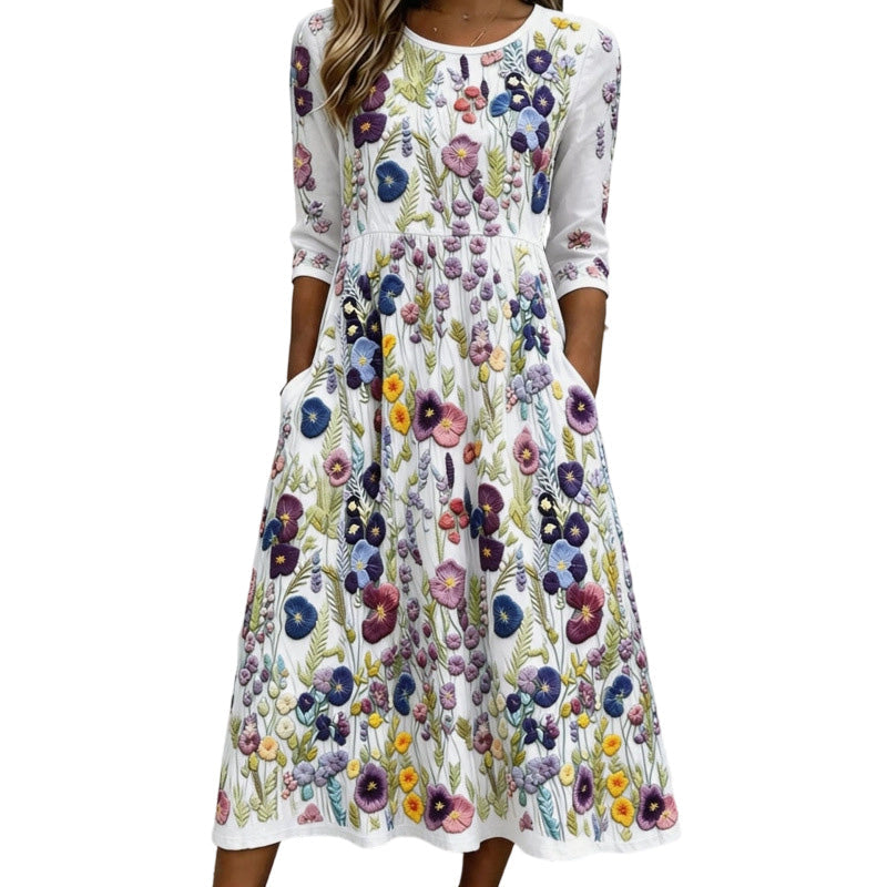 ✨🌺Women's Floral Print 3/4 Sleeve Midi Dress with Pockets