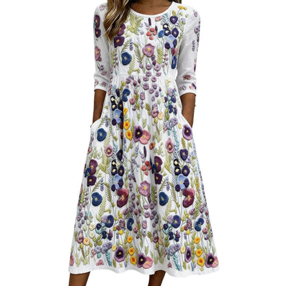 ✨🌺Women's Floral Print 3/4 Sleeve Midi Dress with Pockets
