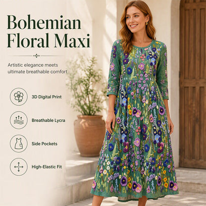 ✨🌺Women's Floral Print 3/4 Sleeve Midi Dress with Pockets