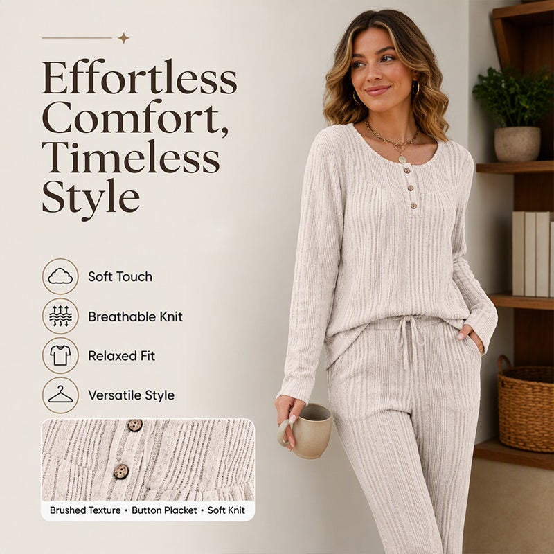 Women's Ribbed Knit Long Sleeve Henley Top