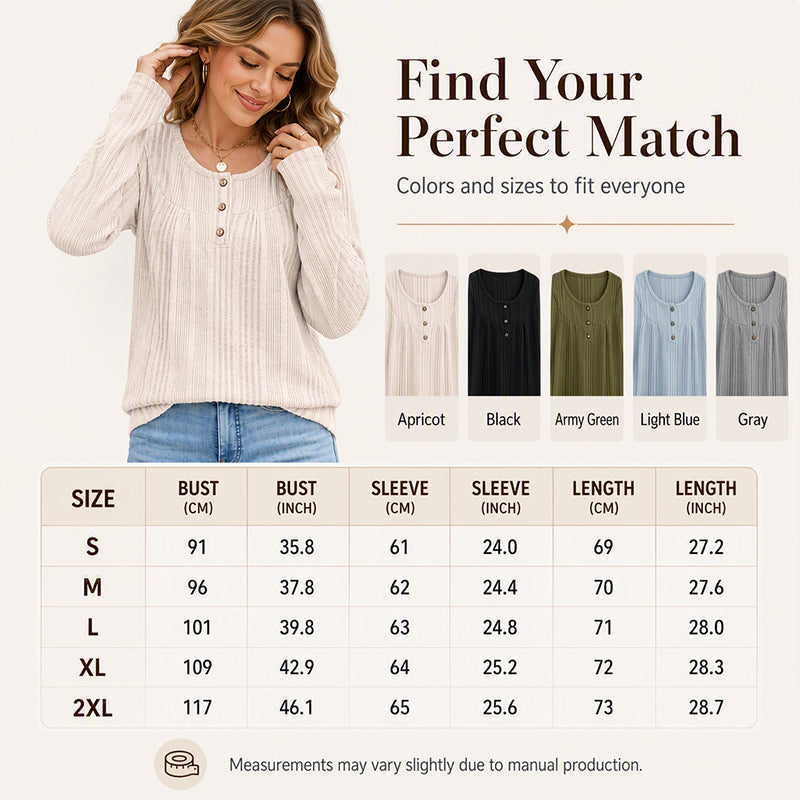 Women's Ribbed Knit Long Sleeve Henley Top