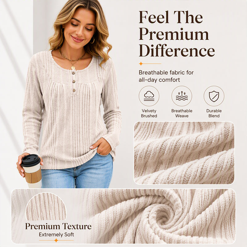 Women's Ribbed Knit Long Sleeve Henley Top