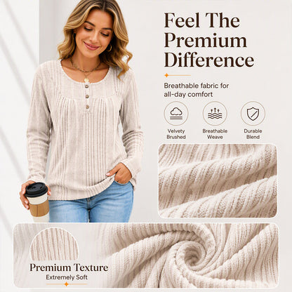 Women's Ribbed Knit Long Sleeve Henley Top
