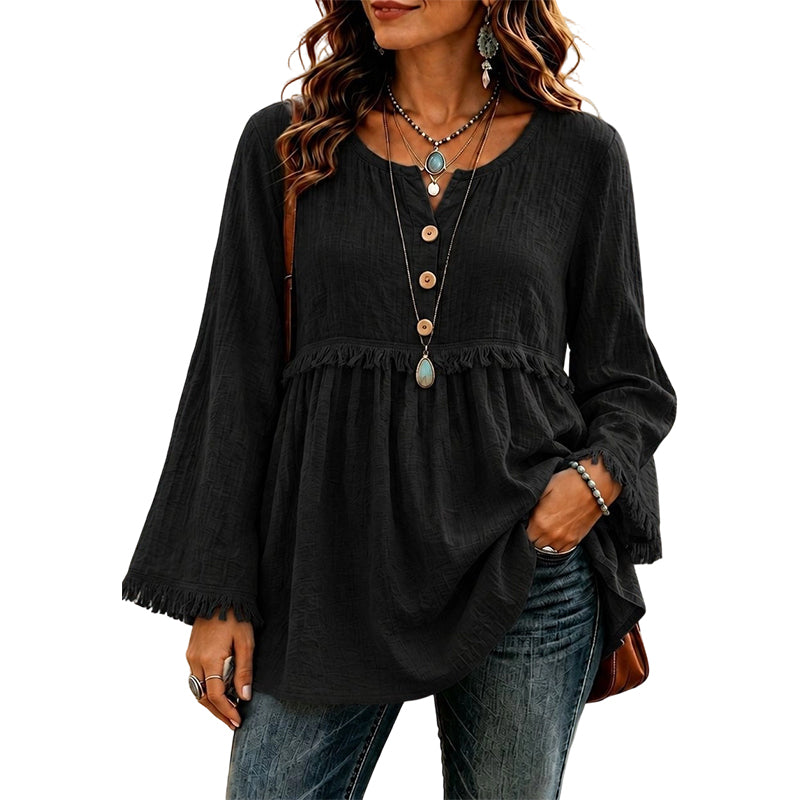 🌸💖Women's Casual Loose Long Sleeve Fringe Top