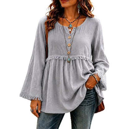 🌸💖Women's Casual Loose Long Sleeve Fringe Top