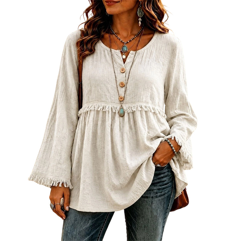 🌸💖Women's Casual Loose Long Sleeve Fringe Top