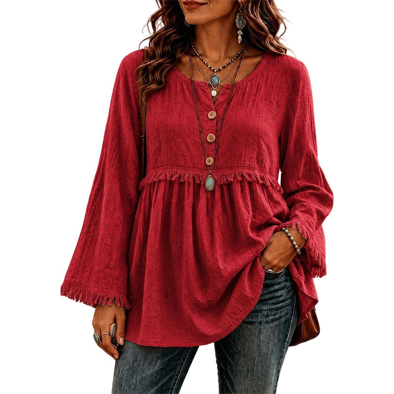 🌸💖Women's Casual Loose Long Sleeve Fringe Top