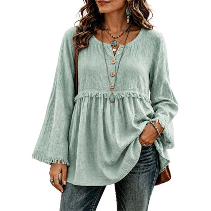 🌸💖Women's Casual Loose Long Sleeve Fringe Top