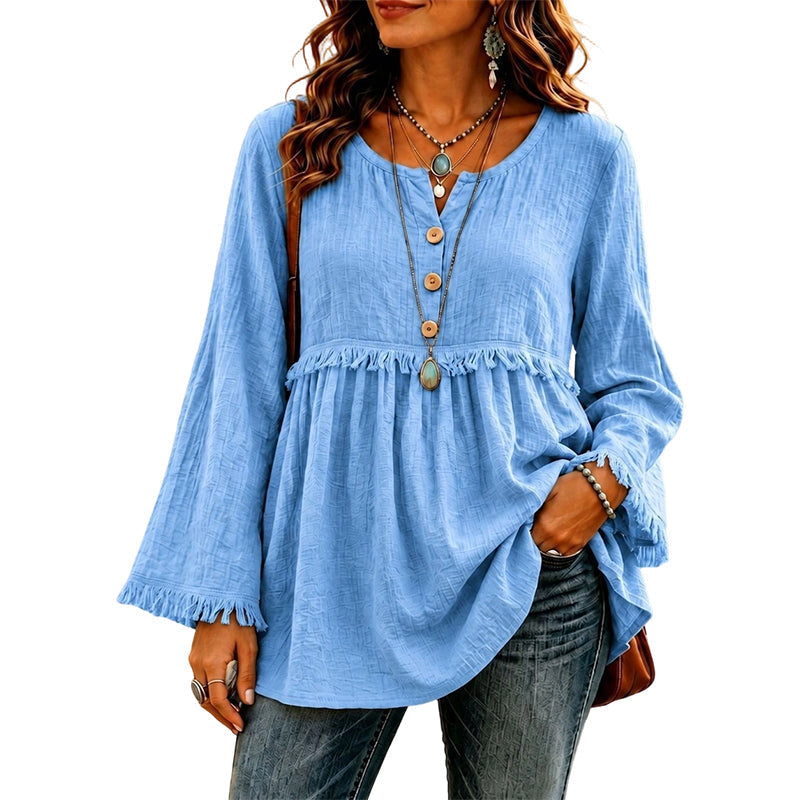🌸💖Women's Casual Loose Long Sleeve Fringe Top