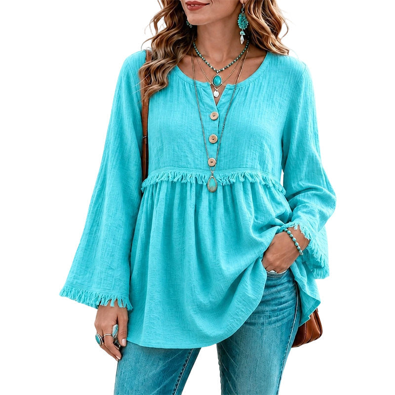 🌸💖Women's Casual Loose Long Sleeve Fringe Top