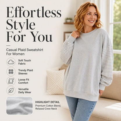 Women's Loose Crew Neck Patchwork Plaid Top