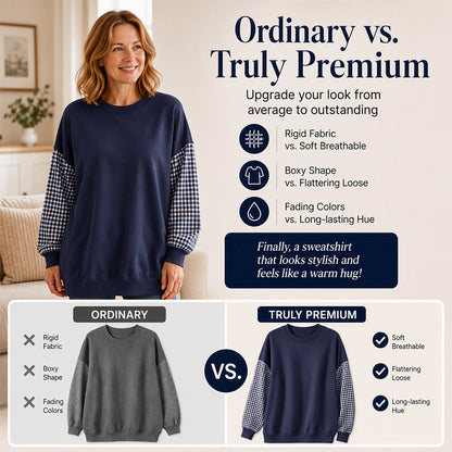 Women's Loose Crew Neck Patchwork Plaid Top