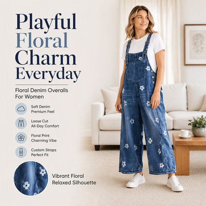 Women's Floral Print Loose-Fit Denim Overalls