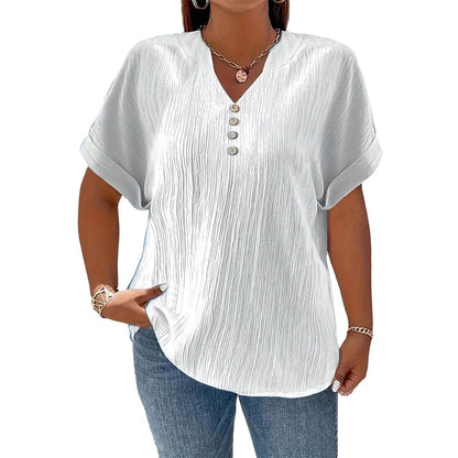 Women's Casual V-Neck Short Sleeve Textured Crinkle Top