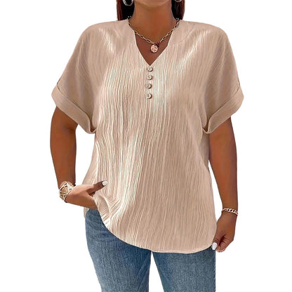Women's Casual V-Neck Short Sleeve Textured Crinkle Top