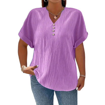 Women's Casual V-Neck Short Sleeve Textured Crinkle Top