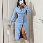 Long Sleeve Button-Down Denim Midi Dress
