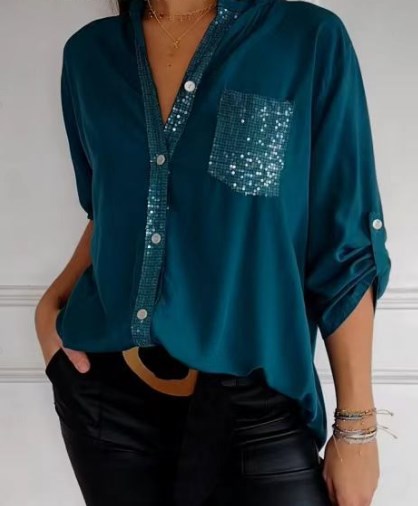 🔥Casual patchwork top with sequins