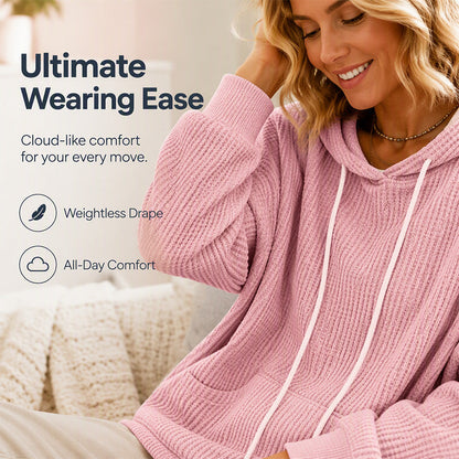 Women's Waffle Knit Loose Hooded Sweatshirt with Pockets