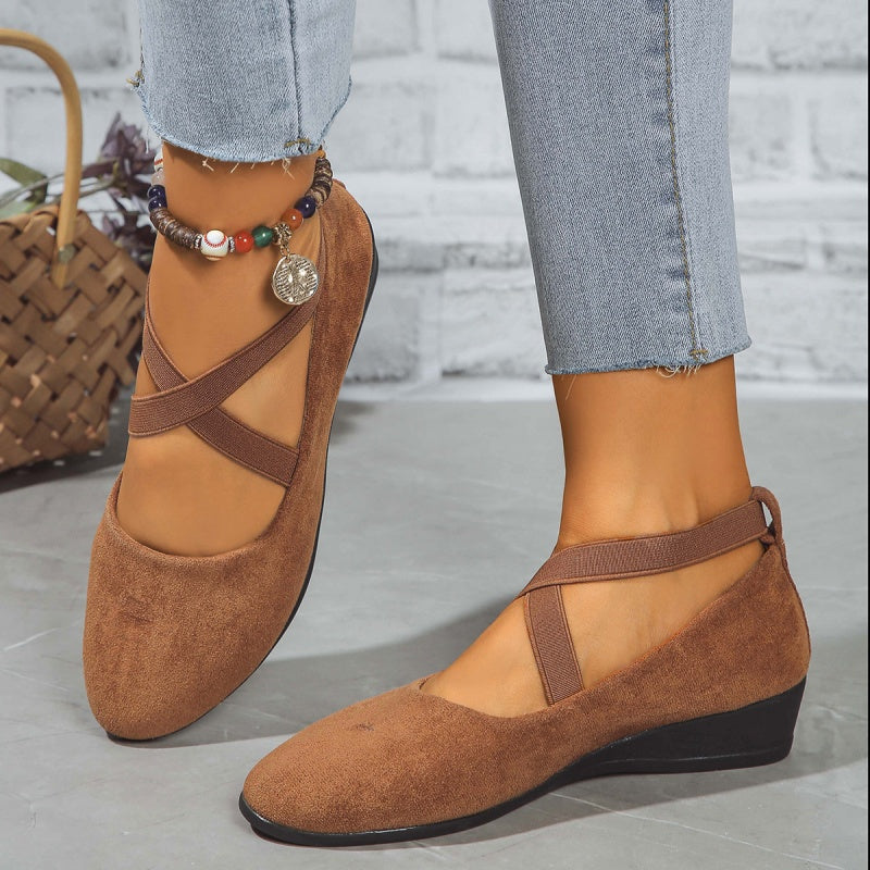 Elegant Solid Color Elastic Strap Low Wedge Shoes