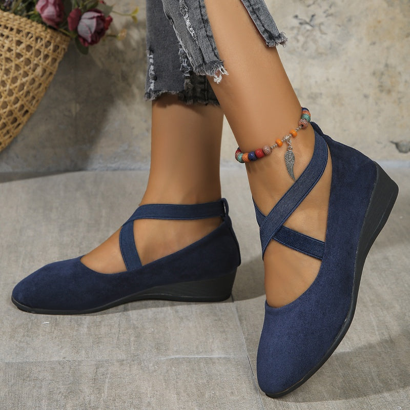 Elegant Solid Color Elastic Strap Low Wedge Shoes