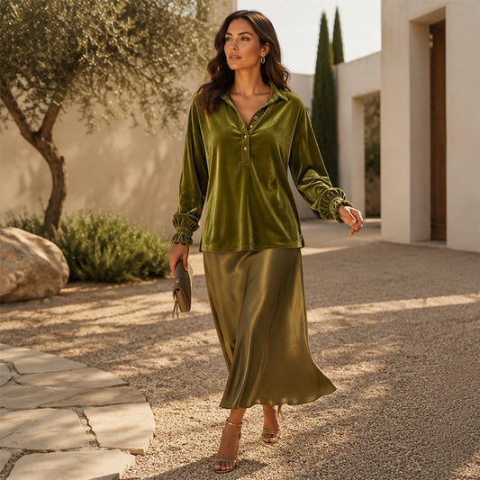 Women's Velvet Long Sleeve Button Down Collar Shirt