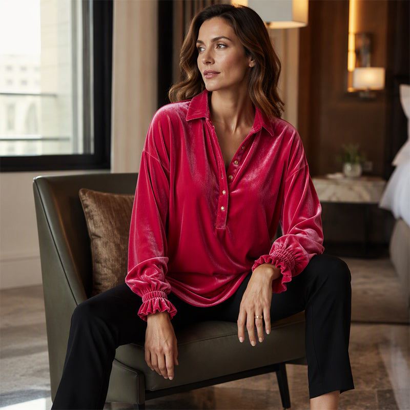 Women's Velvet Long Sleeve Button Down Collar Shirt