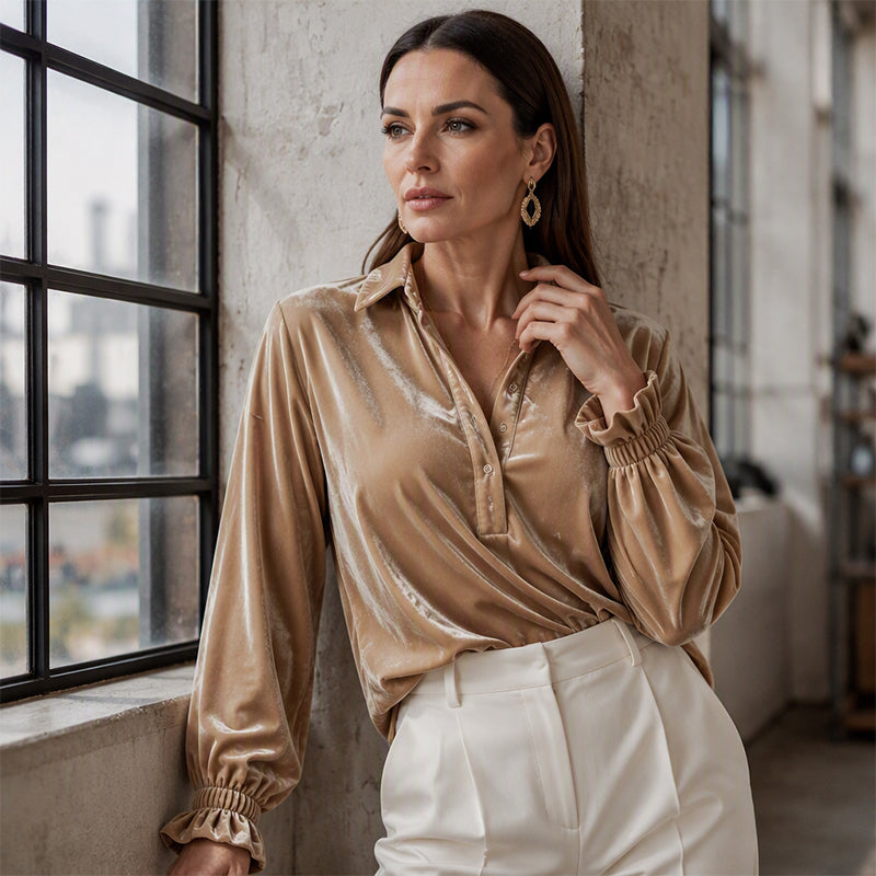 Women's Velvet Long Sleeve Button Down Collar Shirt