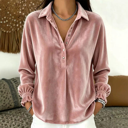 Women's Velvet Long Sleeve Button Down Collar Shirt