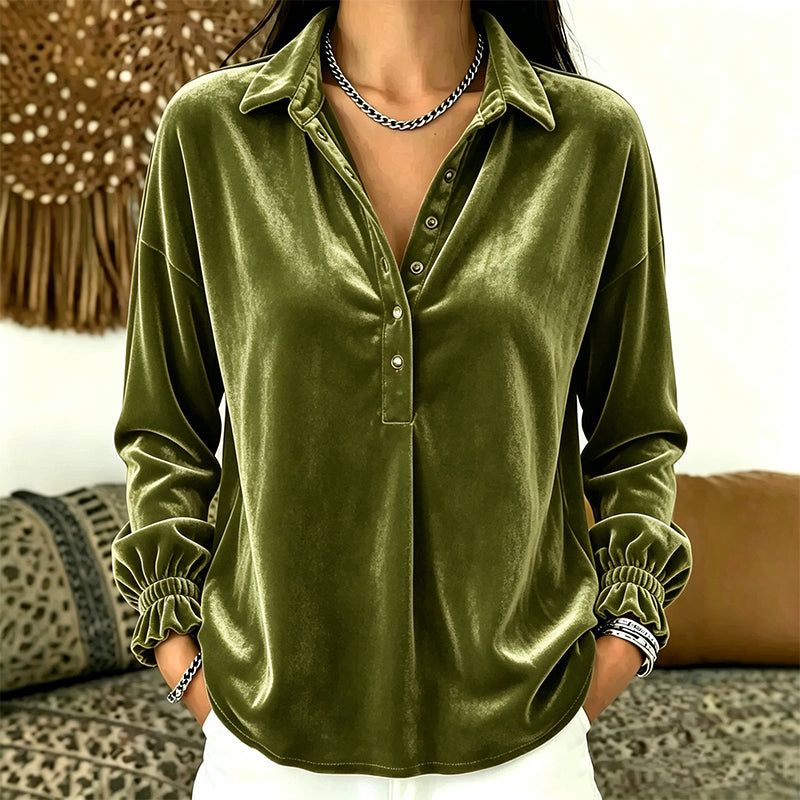 Women's Velvet Long Sleeve Button Down Collar Shirt