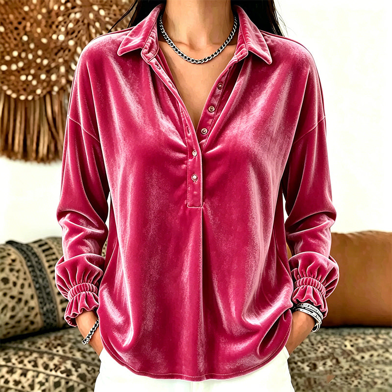 Women's Velvet Long Sleeve Button Down Collar Shirt