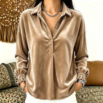 Women's Velvet Long Sleeve Button Down Collar Shirt