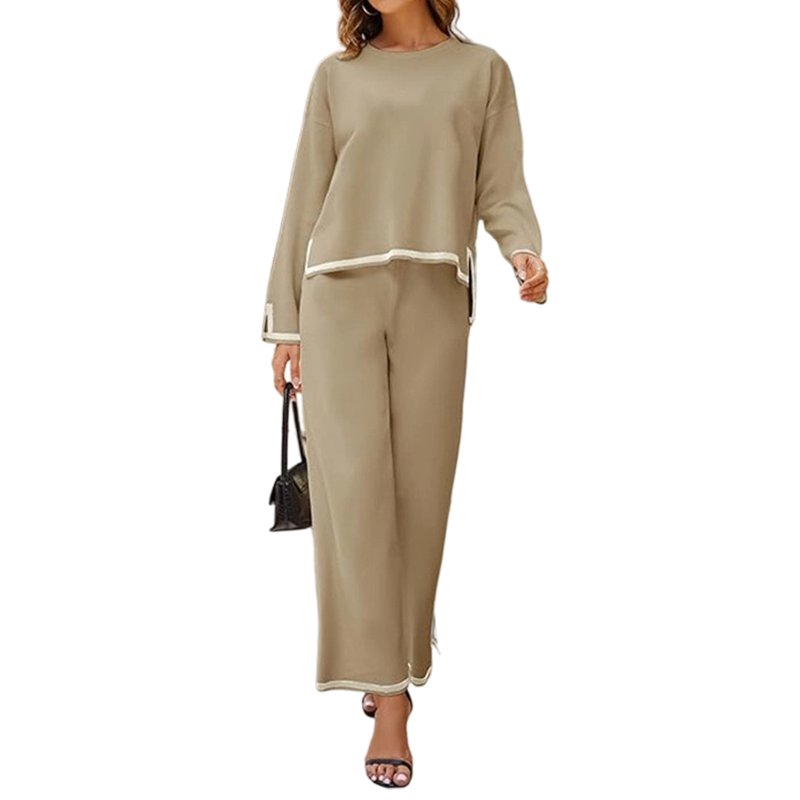 Women’s Casual Crewneck Top and Wide-Leg Pants Set