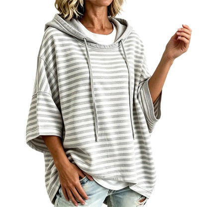 👚Women Loose Striped Hooded Pullover Casual 3/4 Sleeve Hoodie – Effortless Comfort for Everyday Style
