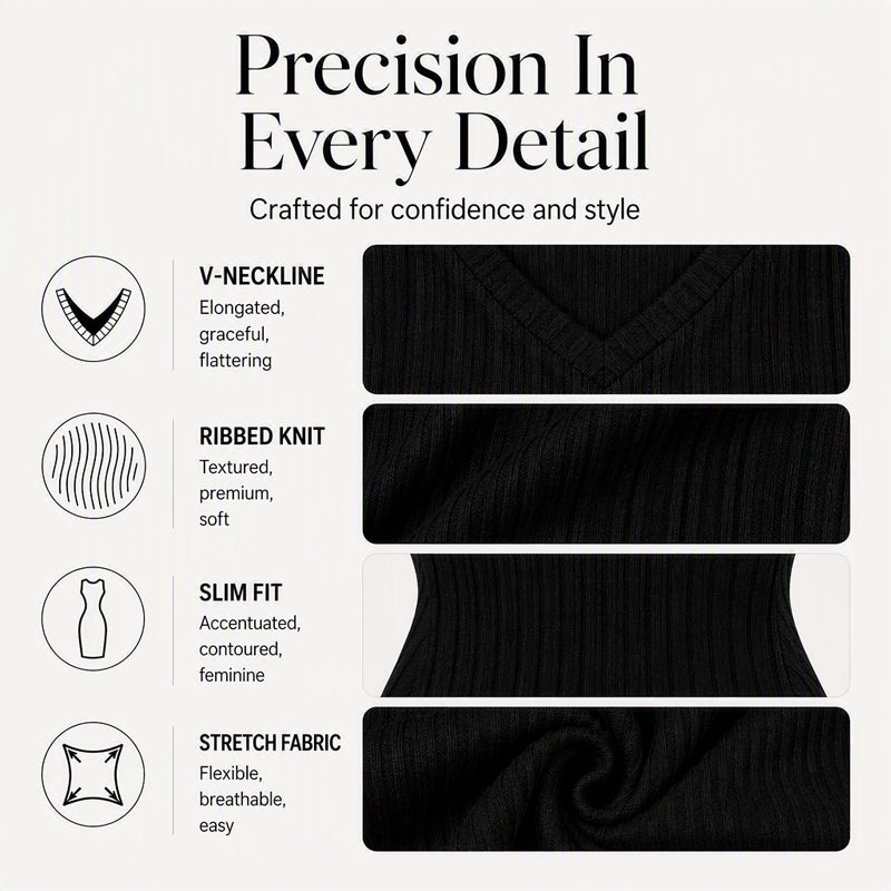 Women's Chic V-Neck Ribbed Knit Dress