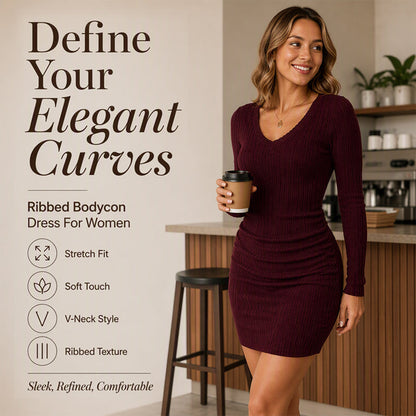 Women's Chic V-Neck Ribbed Knit Dress
