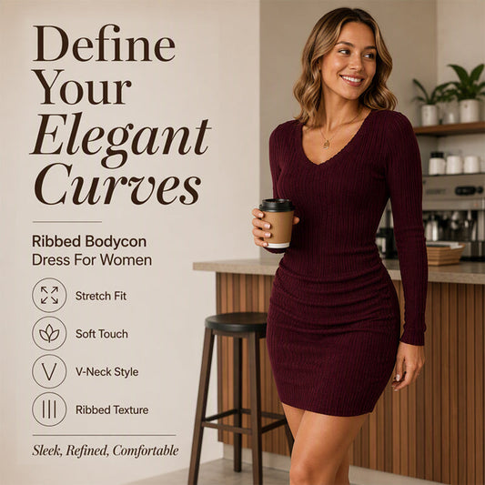 Women's Chic V-Neck Ribbed Knit Dress