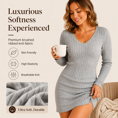 Women's Chic V-Neck Ribbed Knit Dress