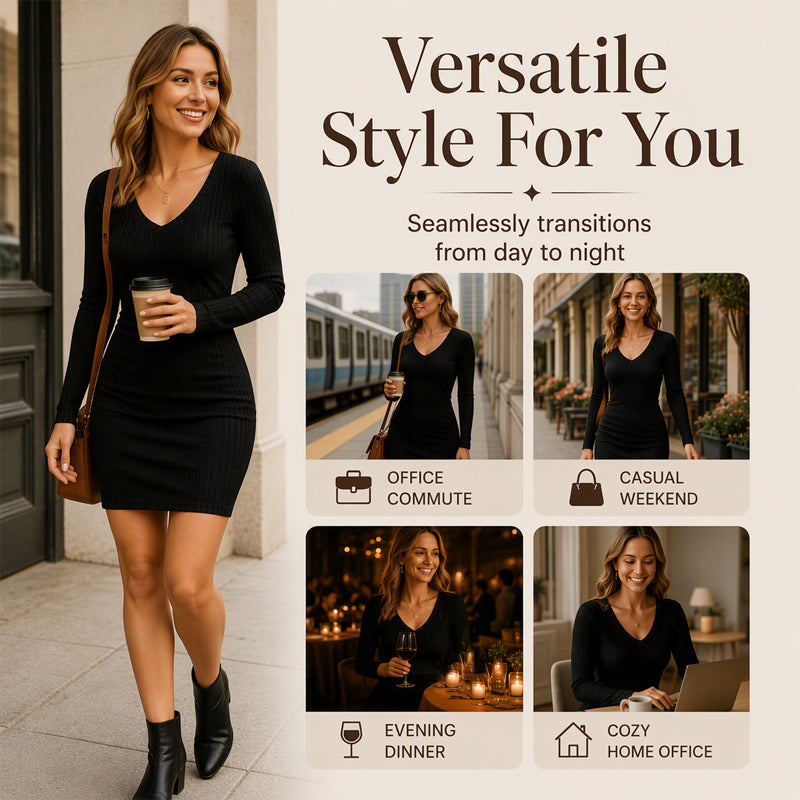 Women's Chic V-Neck Ribbed Knit Dress