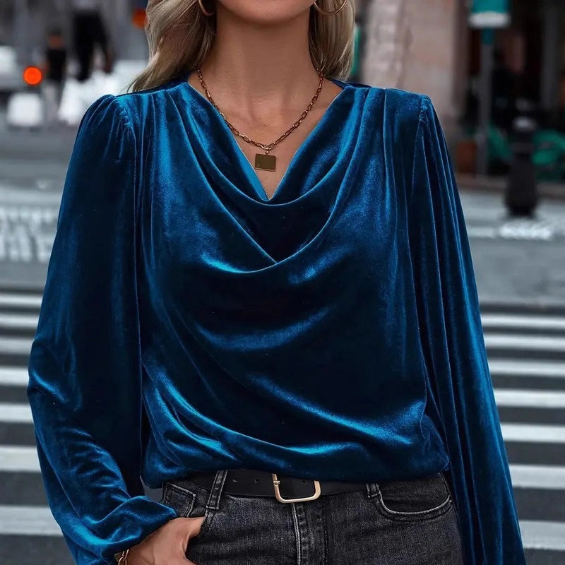 Women's Velvet Cowl Neck Long Sleeve Top