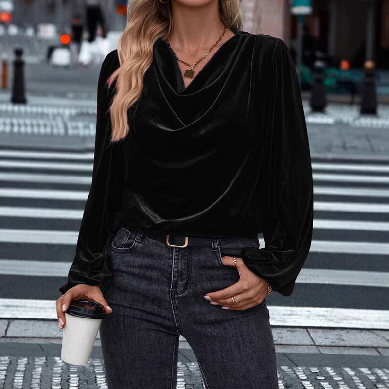 Women's Velvet Cowl Neck Long Sleeve Top