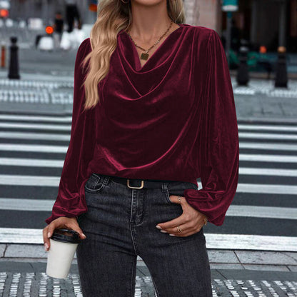 Women's Velvet Cowl Neck Long Sleeve Top