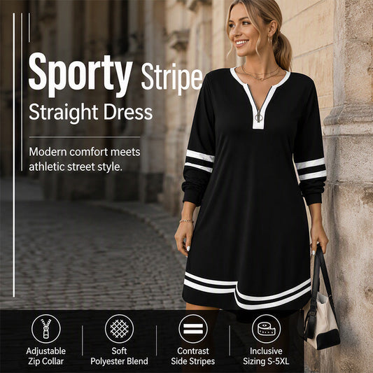 Women's Casual Striped Half-Zip Long Sleeve Dress